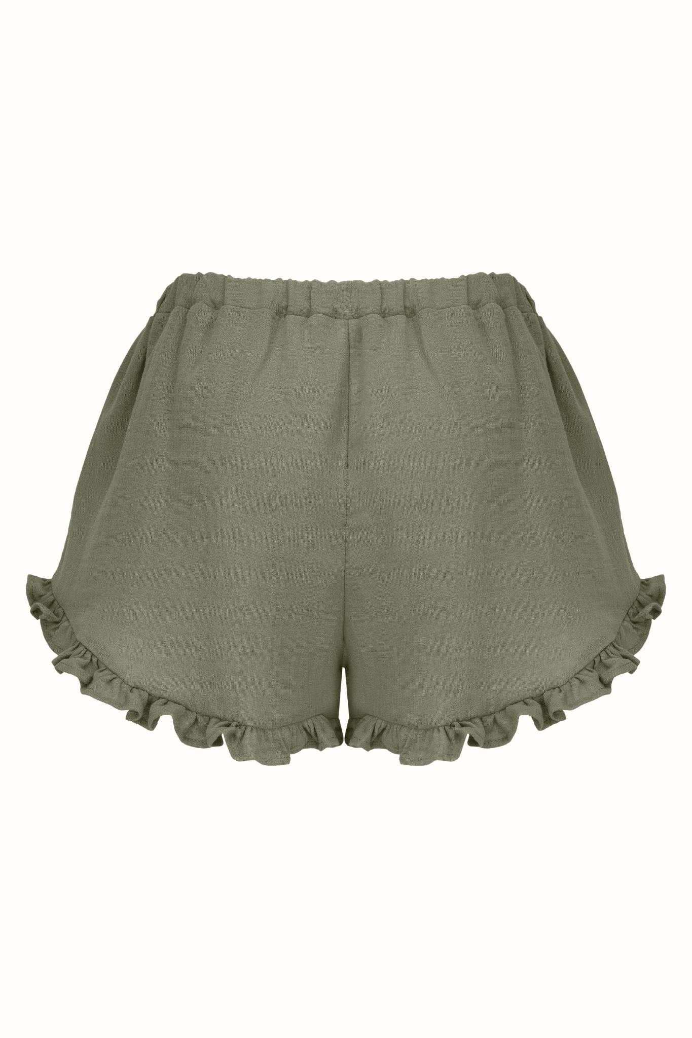 Muslin Victoria shorts with olive frill - Lullaboob